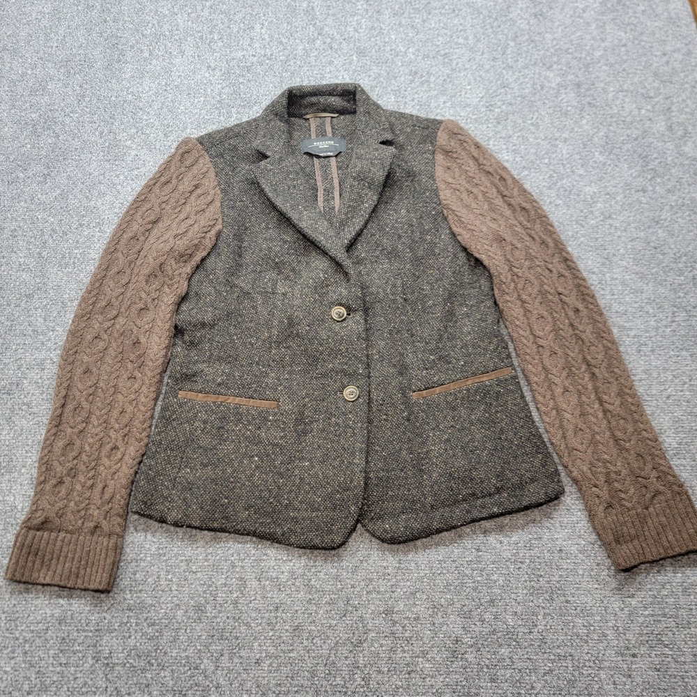 Weekend Max Mara Virgin Wool Tweed Blazer Cable Knit Sleeves Brown Grey US 12